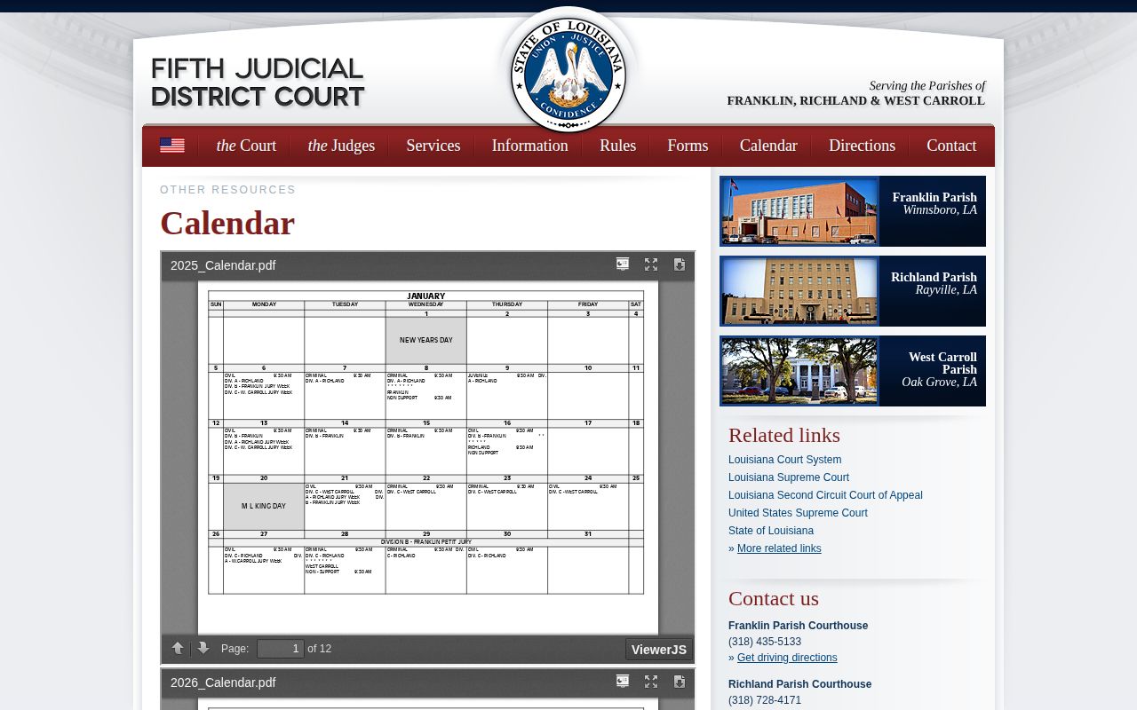 Fifth Judicial District calendar used to verify Richland Parish 72-hour release events