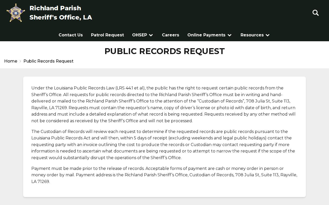 Richland Parish released inmate records request instructions