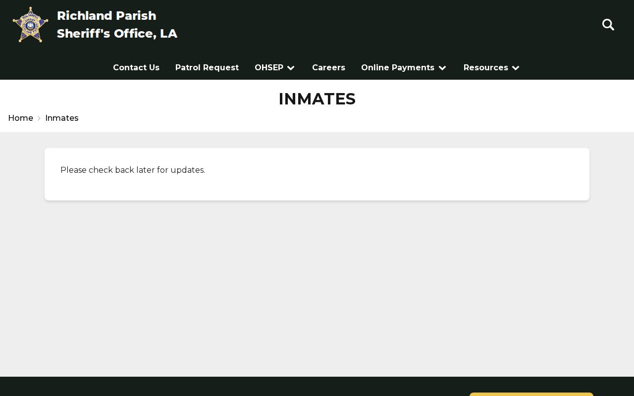 Richland Parish 72-hour release check showing the official Inmates page under maintenance
