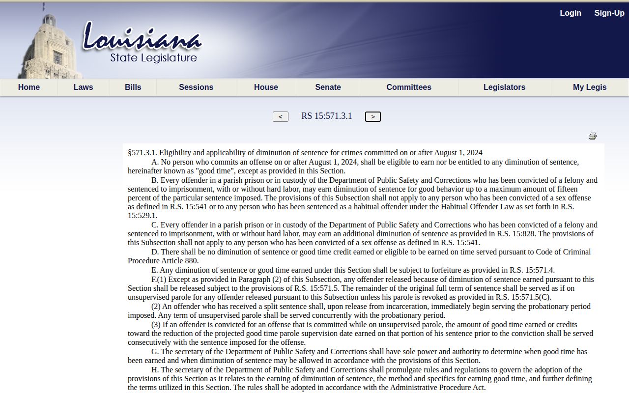 Louisiana statute for newer Richland Parish projected release date calculations