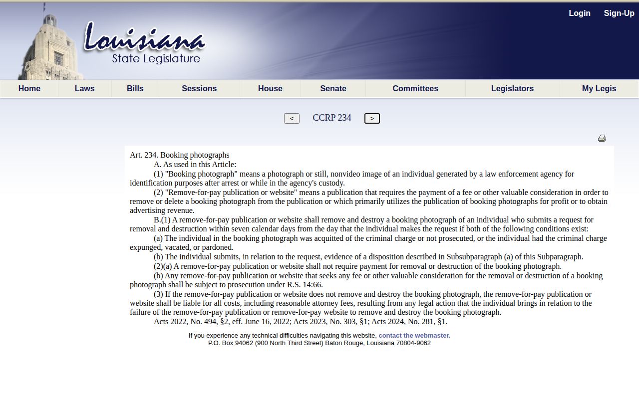 Louisiana Article 234 rules for Richland Parish released inmate mugshot removal